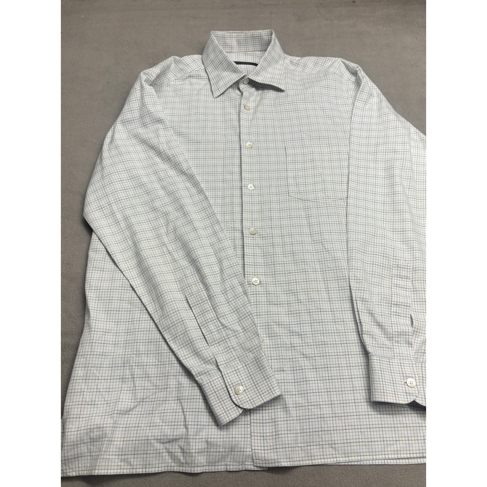 Ermenegildo Zegna Mens Large L White Blue Check Cotton Long Sleeve Button Shirt